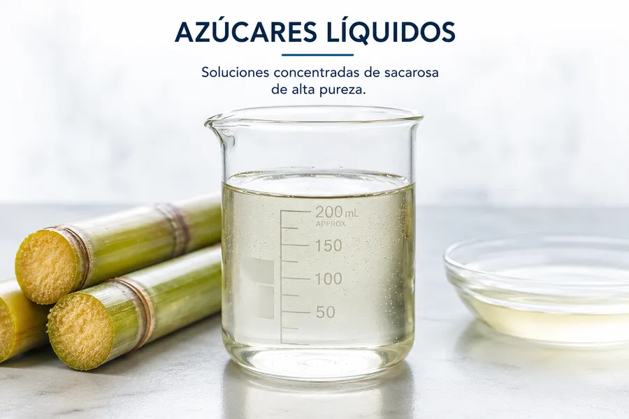 Azúcares líquidos: soluciones concentradas de sacarosa de alta pureza, con caña de azúcar y un vaso de precipitados.