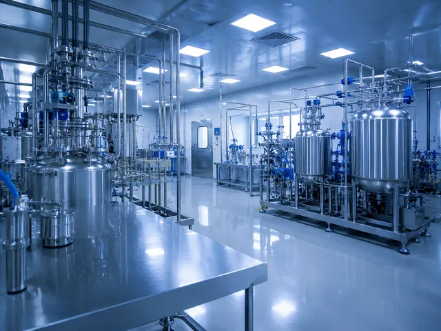 Interior de planta de producción con tanques de acero inoxidable.